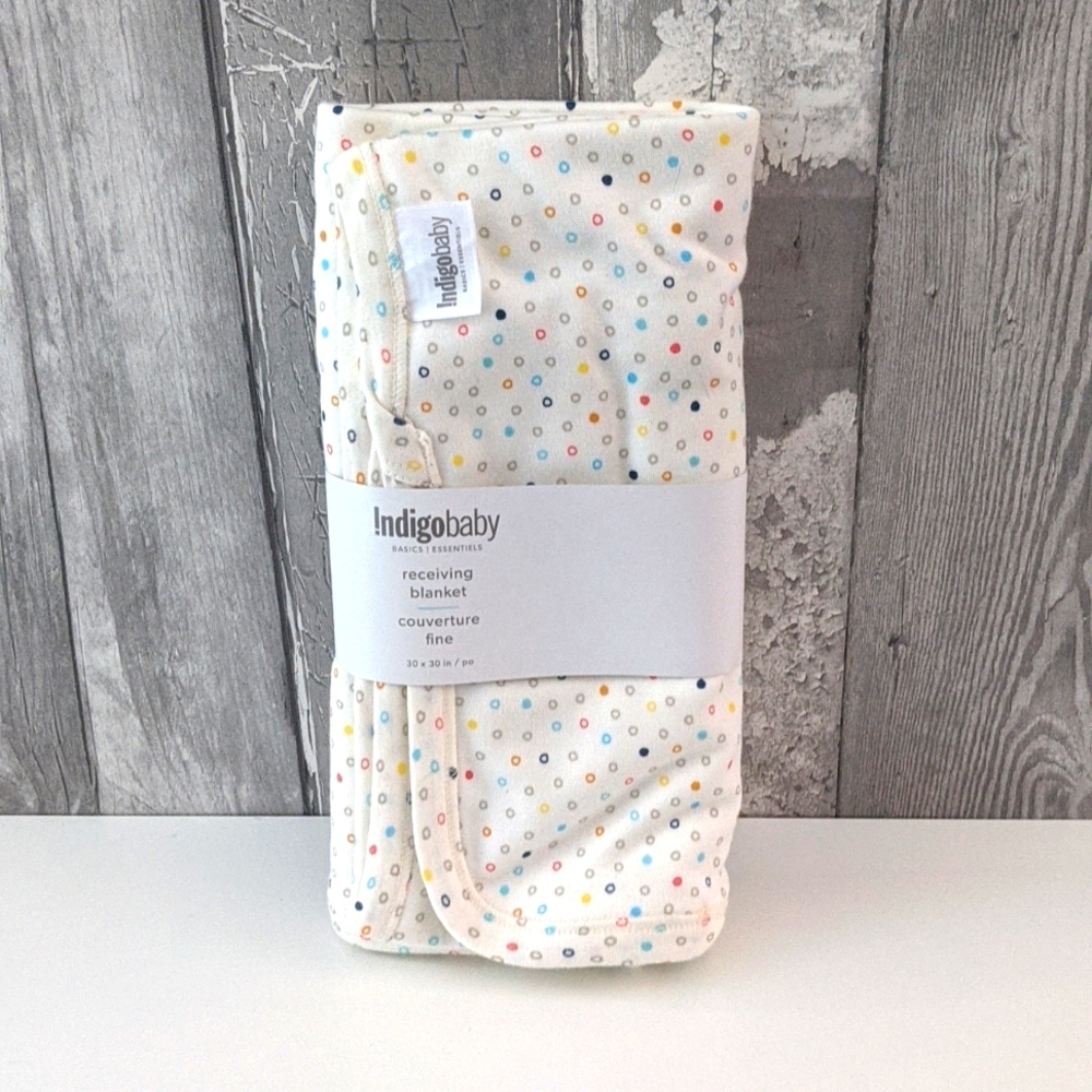 Indigo baby receiving blanket - white /color dots